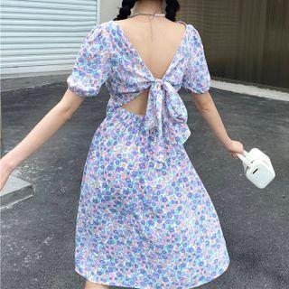 Puff-sleeve Open-back Floral A-line Dress