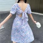 Puff-sleeve Open-back Floral A-line Dress