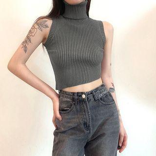 Turtleneck Knit Crop Tank Top