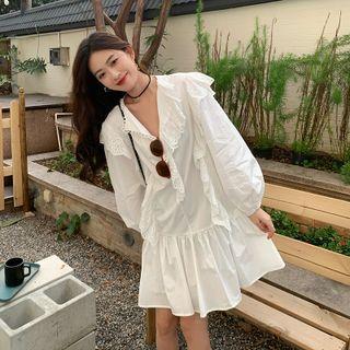 Long-sleeve Eyelet Lace Trim A-line Dress