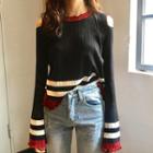 Check Bell-sleeve Slim-fit Knit Top