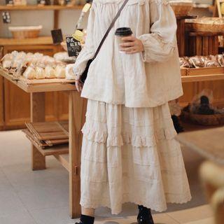 Lace-trim Tiered Skirt Linen - One Size