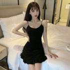 Spaghetti Strap Shirred Ruffle Hem Mini A-line Dress Black - One Size
