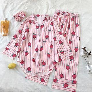 Set: Strawberry Printed Striped Long-sleeve Top + Pants Pink - One Size