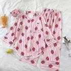 Set: Strawberry Printed Striped Long-sleeve Top + Pants Pink - One Size