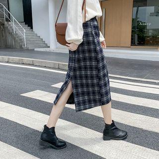 High-waist Plaid Split Midi Skirt