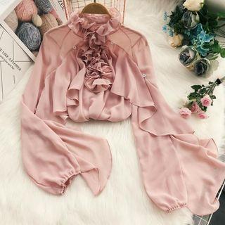 Long-sleeve Stand Collar Ruffle-trim Top