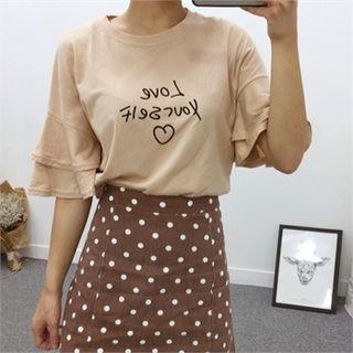 Frill-layered Sleeve Lettering T-shirt
