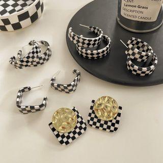 Checkerboard Drop Earring / Open Hoop Earring / Clip-on Earring