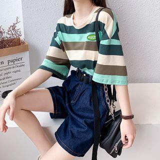 Elbow-sleeve Striped T-shirt / Denim Shorts
