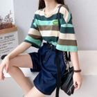 Elbow-sleeve Striped T-shirt / Denim Shorts