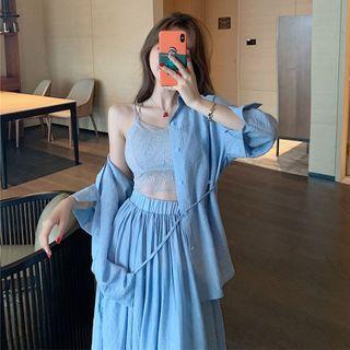 Long-sleeve Plain Shirt / Lace Bralette / Midi A-line Skirt