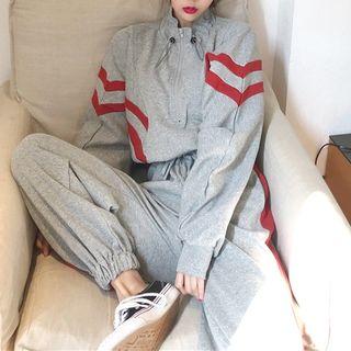 Set: Color Block Half Zip Pullover + Sweatpants Gray - One Size