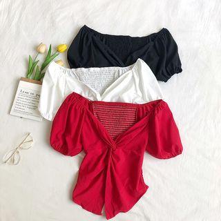 Off-shoulder V-neck Puff-sleeve Top