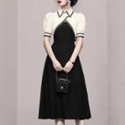 Set: Short-sleeve Two Tone Top + Spaghetti Strap Dress