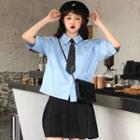 Elbow-sleeve Shirt / Tie / Mini Striped A-line Skirt / Set