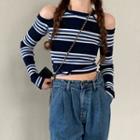 Long-sleeve Striped Halter Knit Top As Figure - One Size