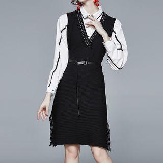 Set: Long-sleeve Striped Shirt + Mini A-line Knit Pinafore Dress Black - One Size