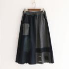 Striped Panel Midi A-line Skirt Navy Blue - One Size