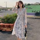 Long Sleeve Cutout Floral Print A-line Dress