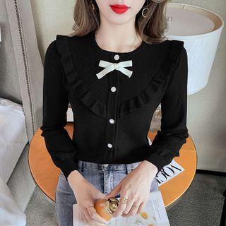 Long-sleeve Frill Trim Bow Knit Top