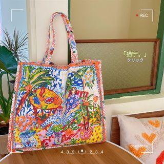 Print Cotton Tote Bag Mixed Color - Pink & Blue & Yellow - One Size