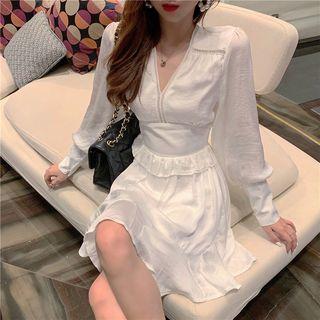 Cutout Back V-neck Peplum Dress White - One Size
