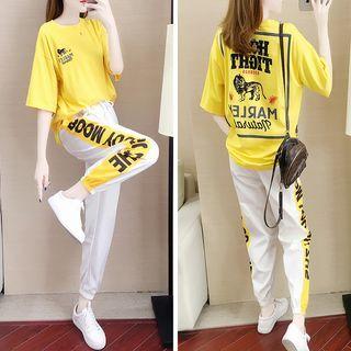 Set: Elbow-sleeve Lettering Print T-shirt + Contrast Trim Sweatpants