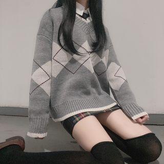 V-neck Argyle Sweater Gray - One Size