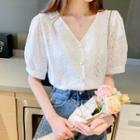 Puff-sleeve Button-up Eyelet Blouse