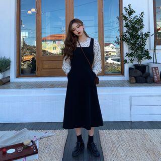 Dotted Blouse / Cross Back Midi Pinafore Dress