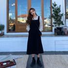 Dotted Blouse / Cross Back Midi Pinafore Dress