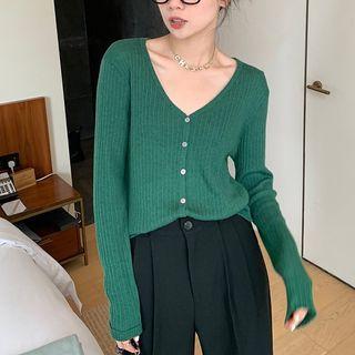 Long-sleeve V-neck Cropped Plain Cardigan