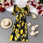 Square-neck Short-sleeve Lemon Print Slit Dress