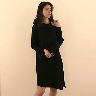Cutout Shoulder Long-sleeve Knit Dress Coffee - One Size