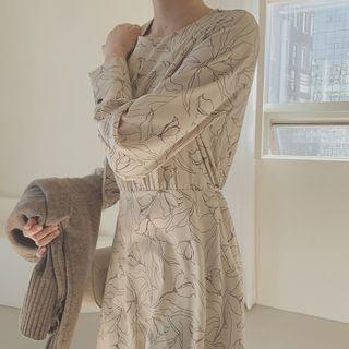 Flower Pattern Crepe Maxi Dress Beige - One Size