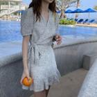 Short-sleeve Dotted Tie-waist Mini A-line Dress