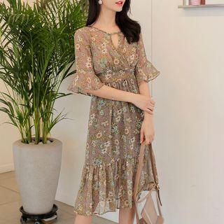 Cutaway-front Floral-pattern Chiffon Dress