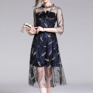 Elbow-sleeve Embroidered Midi Mesh Dress