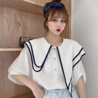 Asymmetric Contrast Collar Elbow-sleeve Blouse
