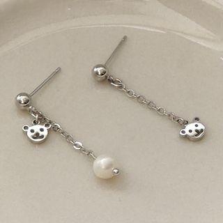 Bear Freshwater Pearl Stainless Steel Dangle Earring 1 Pair - 1631 - Silver - One Size