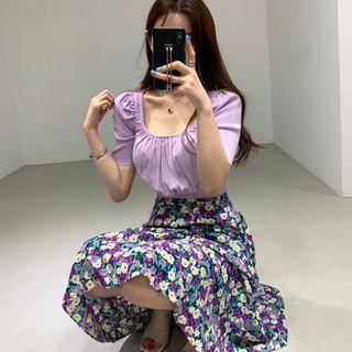 Square-neck Ruched Knitted Top/ High-waist Floral Chiffon Midi Skirt