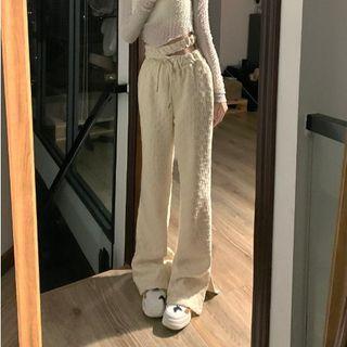 Cutout Textured Wide Leg Pants / Long-sleeve Turtleneck Heart Cutout Crop Top