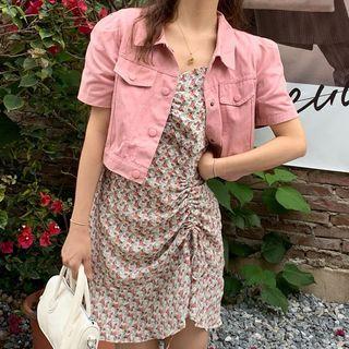 Short-sleeve Cropped Jacket / Spaghetti Strap Flower Print Drawstring Mini Dress