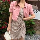 Short-sleeve Cropped Jacket / Spaghetti Strap Flower Print Drawstring Mini Dress