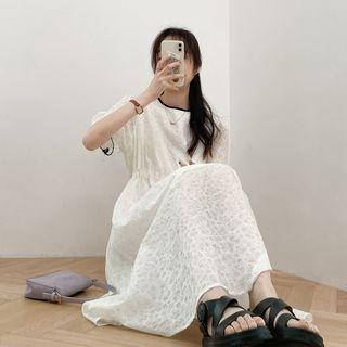 Round-neck Two Tone Pleated A-line Dress White - One Size