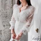 Open-placket Floral-lace Sheer Blouse