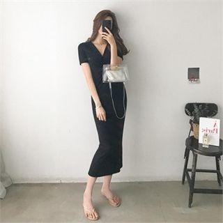 Plunge-neck Shirred Long Sheath Dress