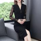 Long-sleeve Lace Pane Striped Sheath Dress