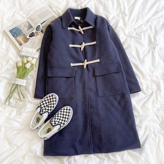 Long-sleeve Toggle Plain Woolen Coat Navy Blue - One Size